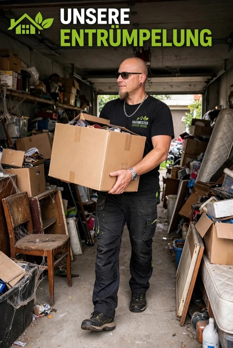 Patrick Heisig trägt bei einer Entrümpelung Kartons aus einer vollen Garage