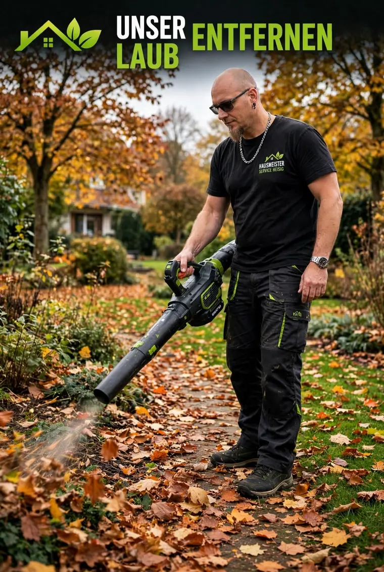 Laub entfernen mit dem Laubbläser auf einem Gartenweg