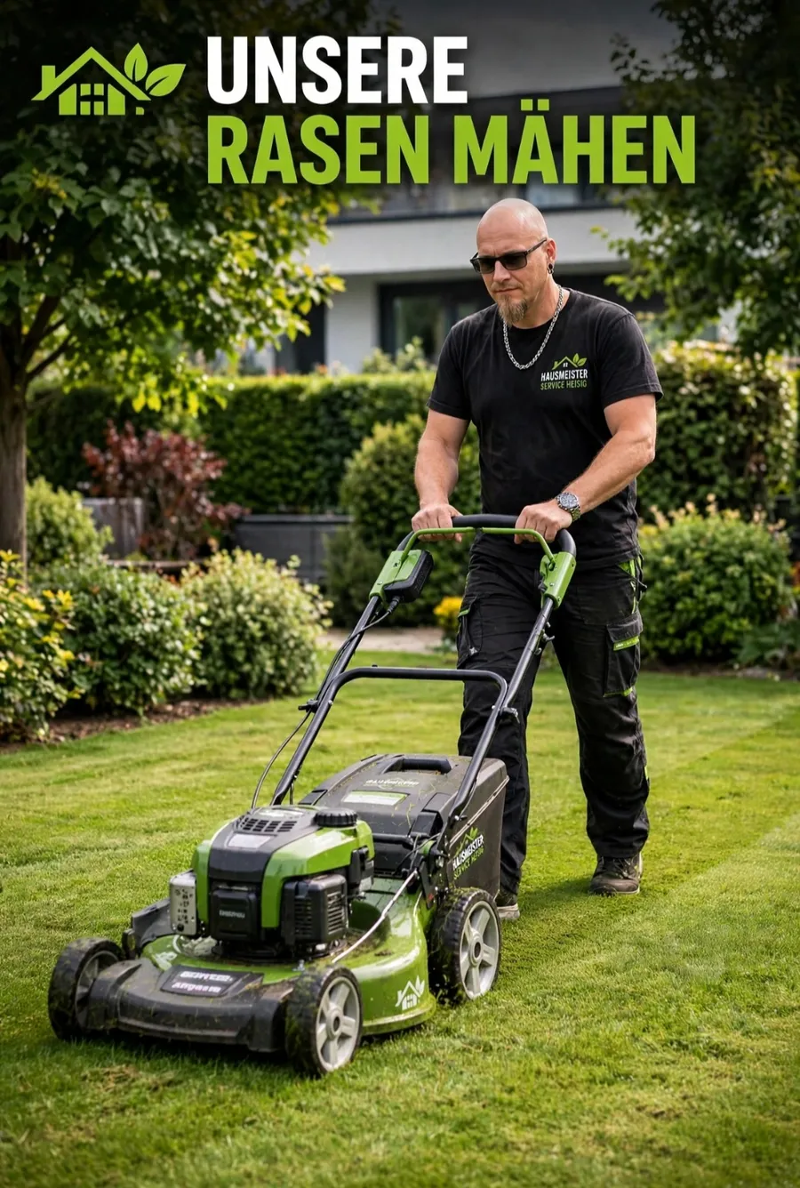 Rasenmähen im gepflegten Garten